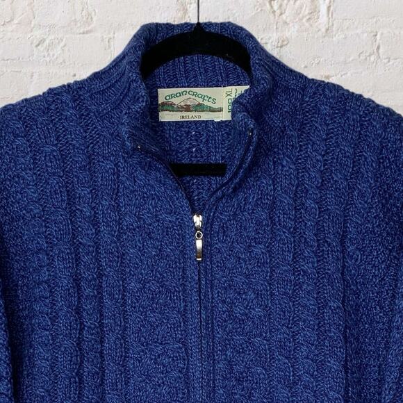 Aran Crafts Merino Wool Full Zip Sweater Blue Made in Ireland Womens XL - Picture 2 of 7